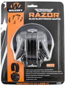 Walker's Freedom Series RAZOR slim electronic muffs feature a distressed walker logo on the cups